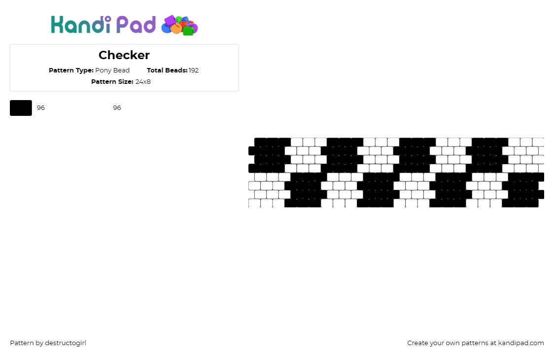 Checker - Pony Bead Pattern by destructogirl on Kandi Pad - checker,black and white,geometric,cuff,racing,bold,classic,style