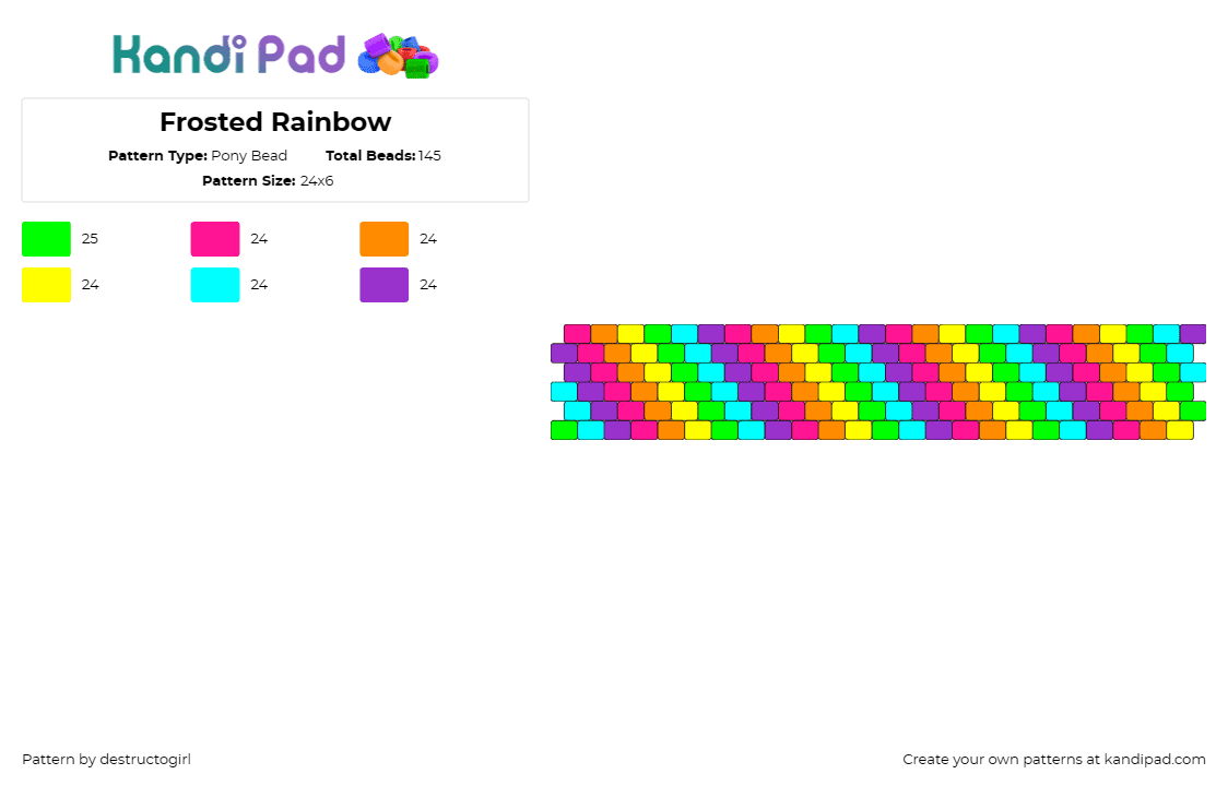 Frosted Rainbow - Pony Bead Pattern by destructogirl on Kandi Pad - neon,rainbow,bright,diagonal,stripes,colorful,cuff