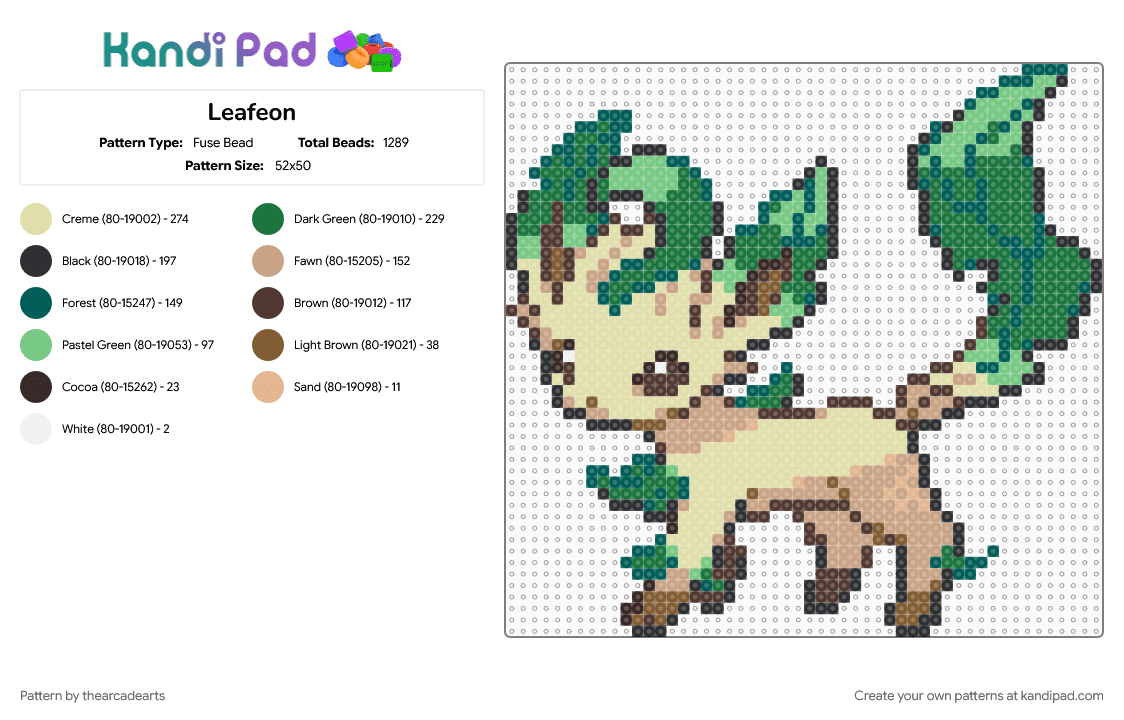 Leafeon Diamond/Pearl - Fuse Bead Pattern by thearcadearts on Kandi Pad - beige, brown, colorful, eeveelution, green, perler bead, perler beads, pokemon, pokemon sprite, video game