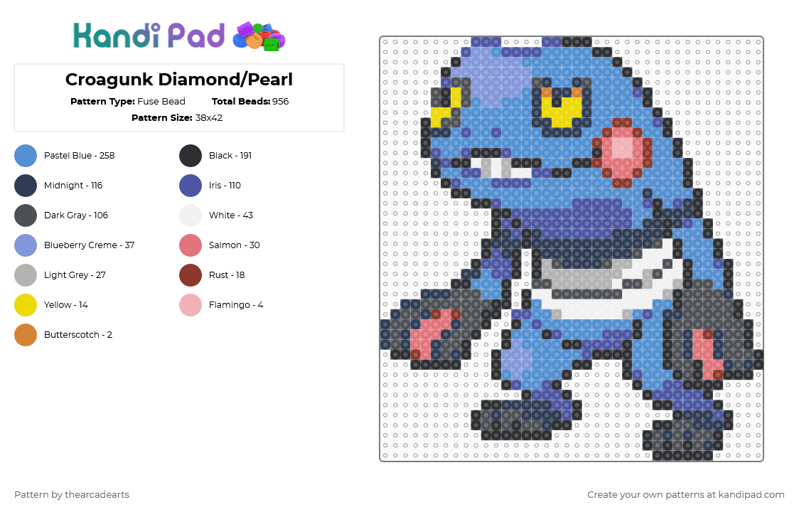 Croagunk Diamond/Pearl - Fuse Bead Pattern by thearcadearts on Kandi Pad - croagunk,pokemon,character,animal,video game,cartoon,gaming,purple,gray,light blue