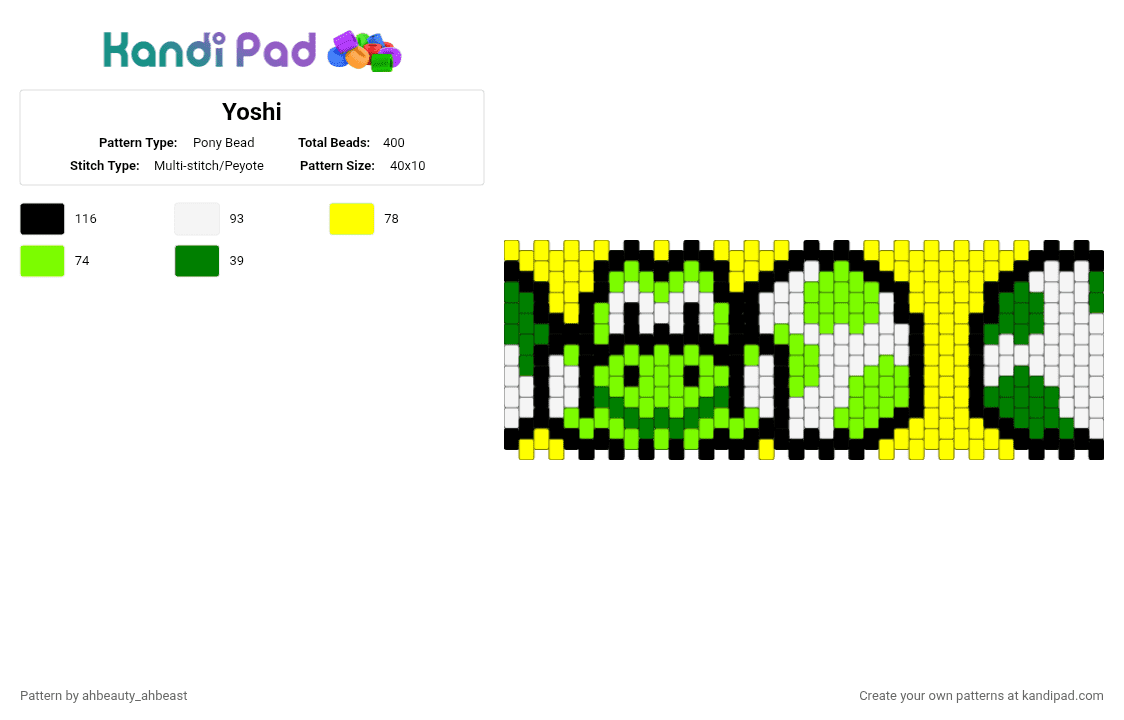 Yoshi - Pony Bead Pattern by ahbeauty_ahbeast on Kandi Pad - green,yellow