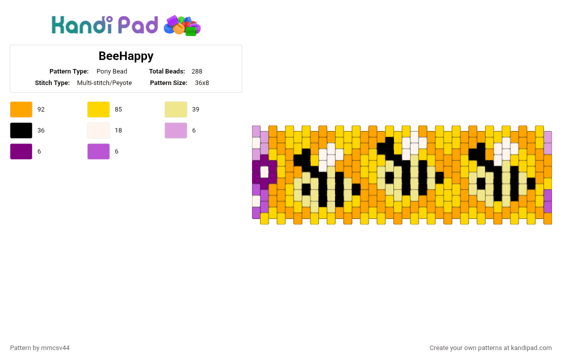BeeHappy - Pony Bead Pattern by ahbeauty_ahbeast on Kandi Pad - yellow,orange