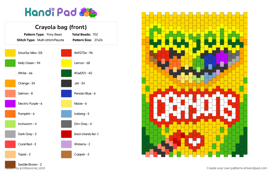 Crayola bag (front) - Pony Bead Pattern by professional_idiot on Kandi Pad - bag, bag panel, colorful, crayola, crayon, green, idk how any of this works, kidcore, panel, red, yellow