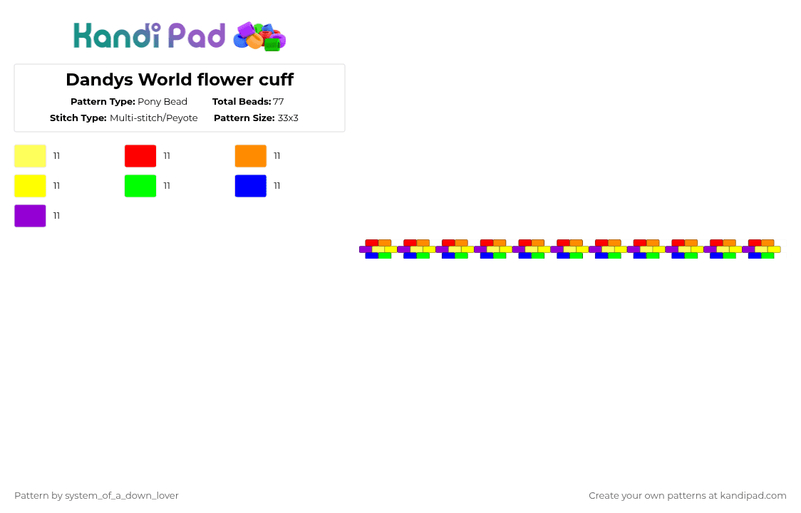 Dandys World flower cuff - Pony Bead Pattern by system_of_a_down_lover on Kandi Pad - yellow,purple