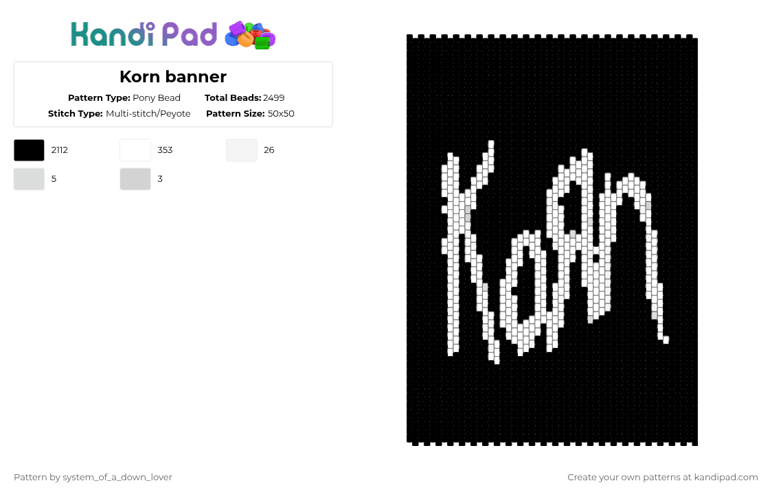 Korn banner - Pony Bead Pattern by system_of_a_down_lover on Kandi Pad - black,cotdrockmusic