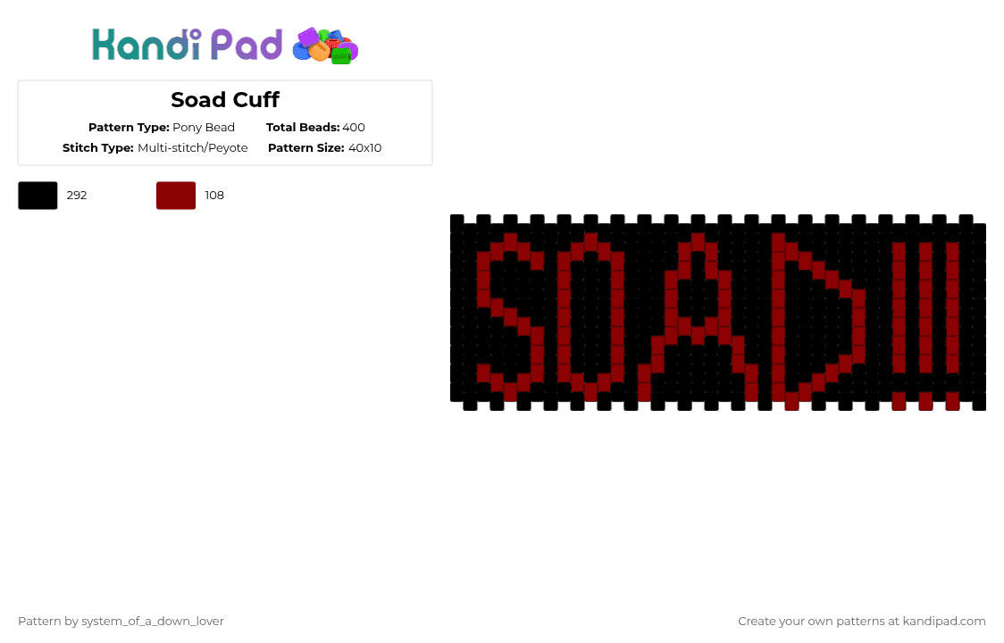 Soad Cuff - Pony Bead Pattern by system_of_a_down_lover on Kandi Pad - black,red