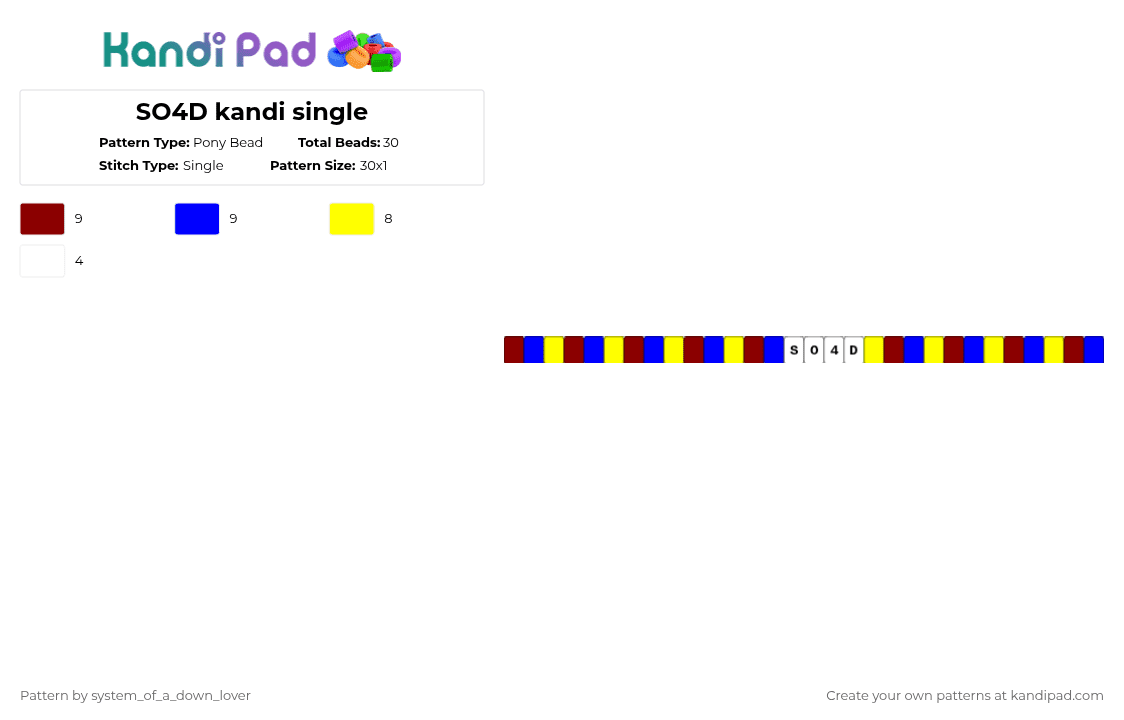SO4D kandi single - Pony Bead Pattern by system_of_a_down_lover on Kandi Pad - red,purple