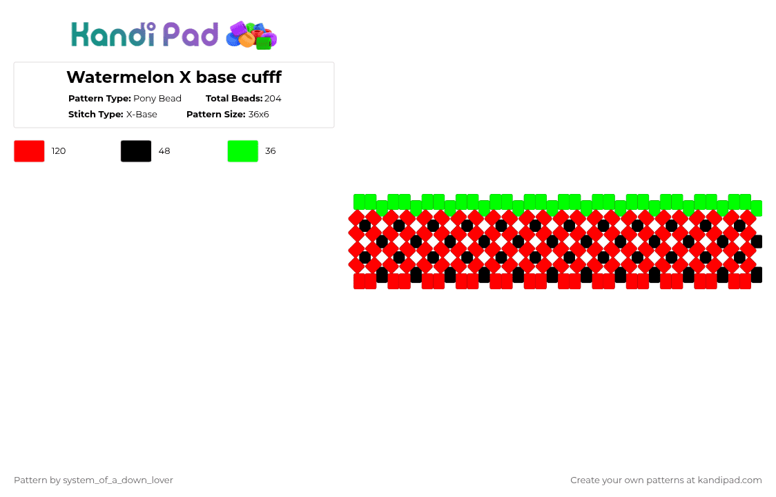 Watermelon X base cufff - Pony Bead Pattern by system_of_a_down_lover on Kandi Pad - watermelon,xbase,cuff,fruit,summer,food,red