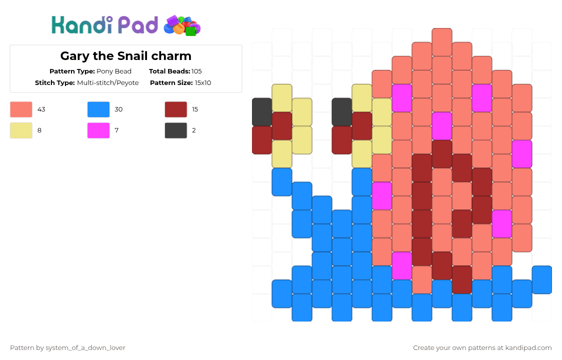 Gary the Snail charm - Pony Bead Pattern by system_of_a_down_lover on Kandi Pad - gary,snail,spongebob,cartoon,animal,nickelodeon,tv show,spongebob squarepants,light blue,orange,cotdsnails