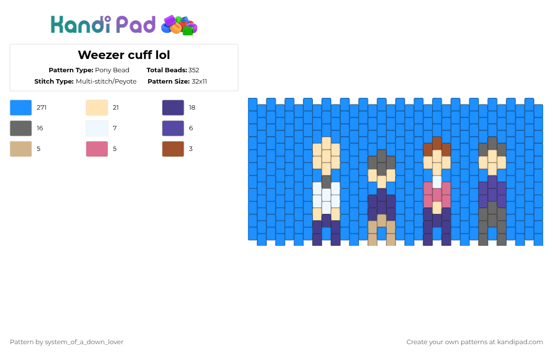 Weezer cuff lol - Pony Bead Pattern by system_of_a_down_lover on Kandi Pad - light blue