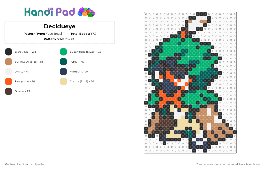 Decidueye - Fuse Bead Pattern by charizardperler on Kandi Pad - gray,green,tan,pokemon