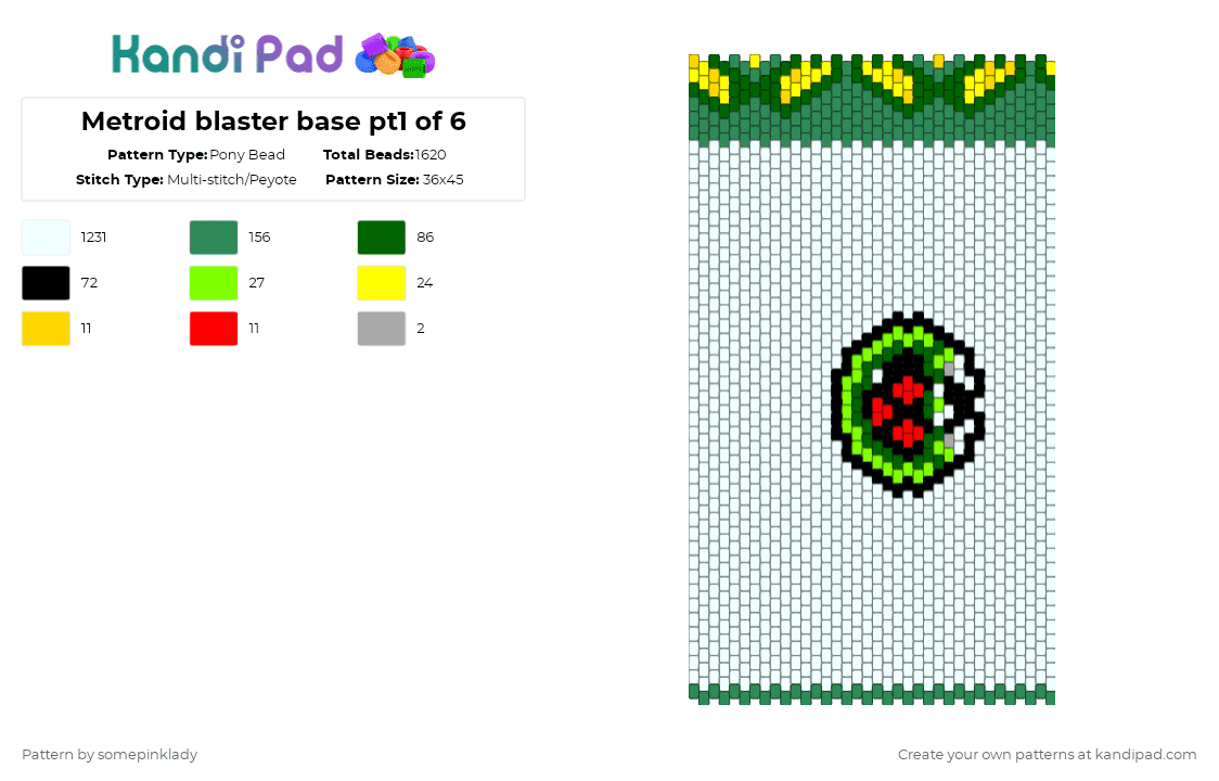 Metroid blaster base pt1 of 6 - Pony Bead Pattern by somepinklady on Kandi Pad - white,green,metroid