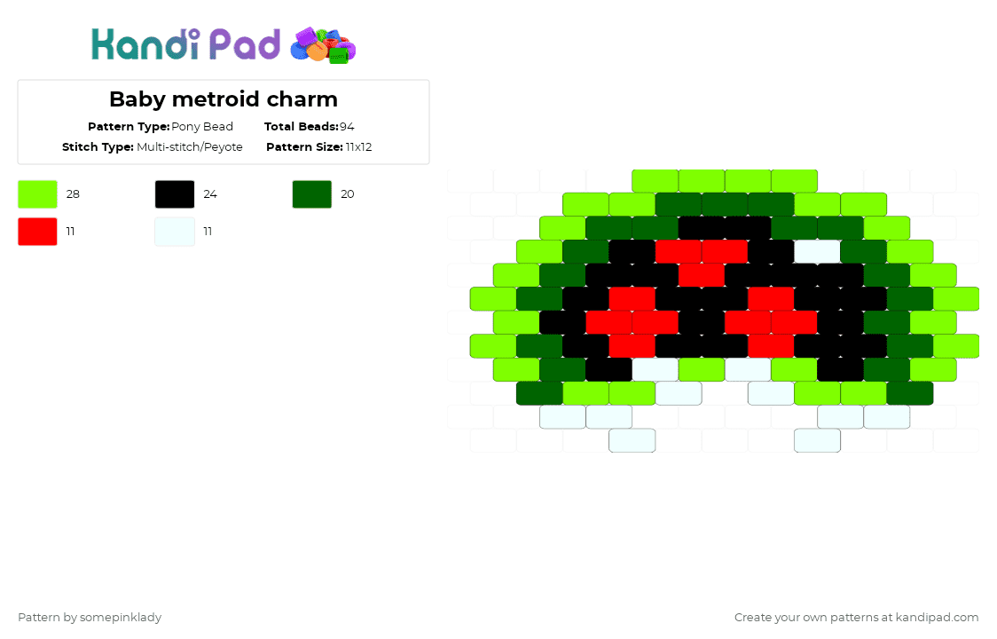 Baby metroid charm - Pony Bead Pattern by somepinklady on Kandi Pad - green,metroid