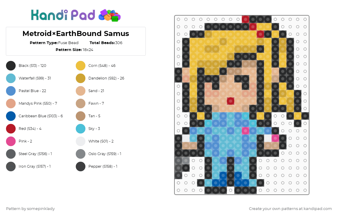 Metroid×EarthBound Samus - Fuse Bead Pattern by somepinklady on Kandi Pad - black,yellow,beige,light blue,colorful,metroid,earthbound