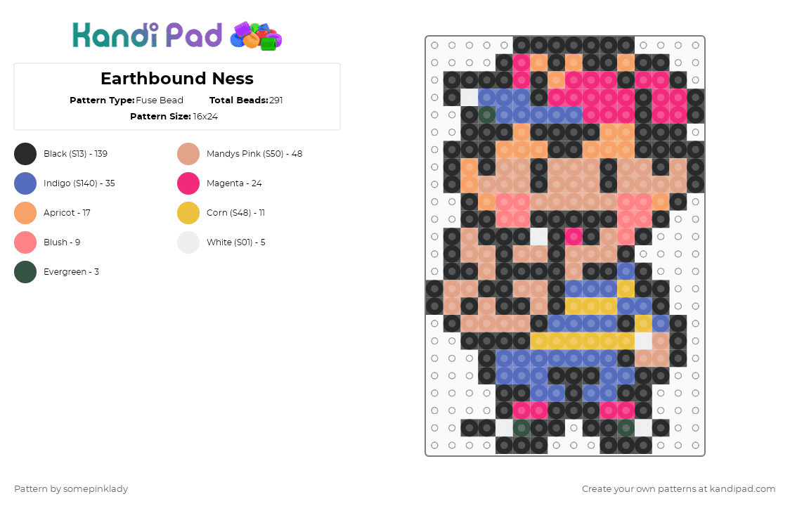 Earthbound Ness - Fuse Bead Pattern by somepinklady on Kandi Pad - black,blue,pink,beige,earthbound,ness