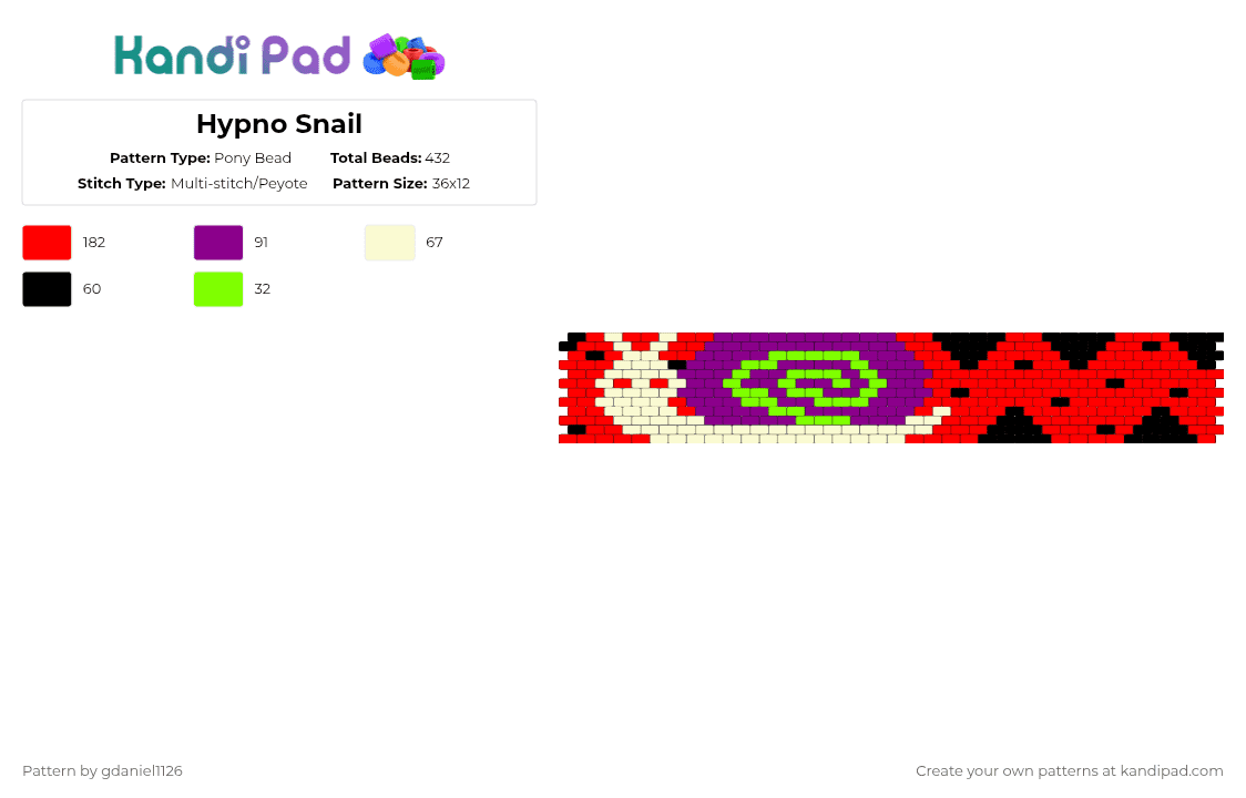 Hypno Snail - Pony Bead Pattern by gdaniel1126 on Kandi Pad - snail,cuff,hypnotic,animal,red,cotdsnails