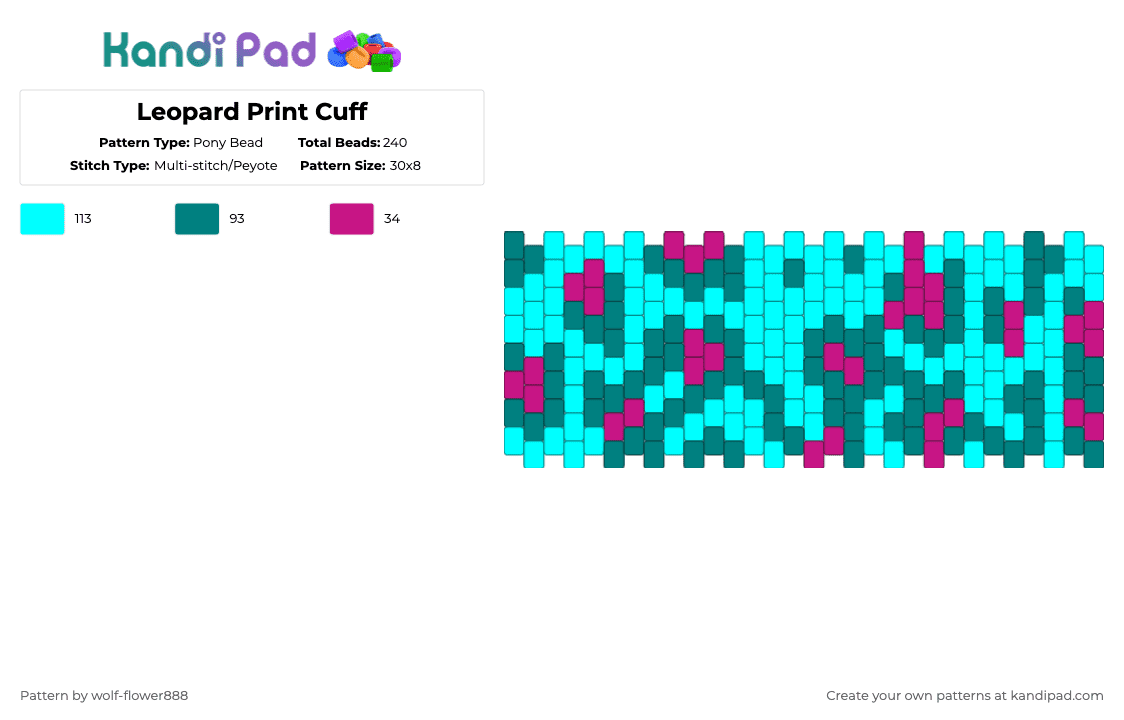 Leopard Print Cuff - Pony Bead Pattern by wolf-flower888 on Kandi Pad - teal,light blue,leopard,animal print,animal,scenecore,scene,cuff,peyote,multi