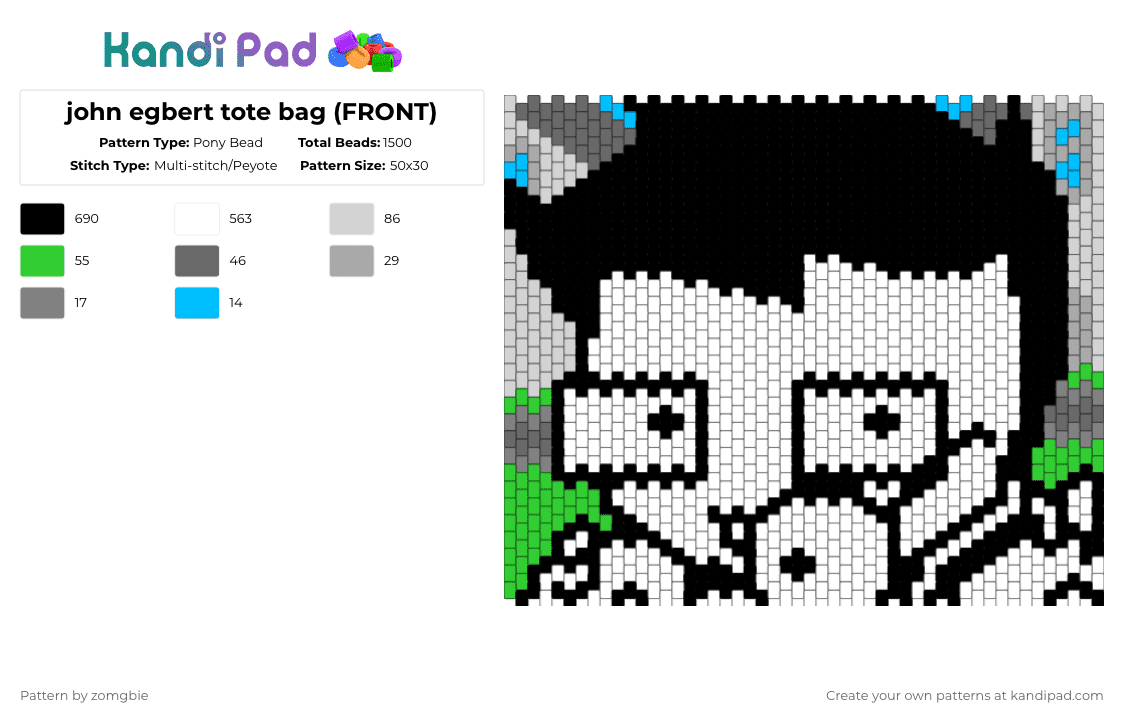 john egbert tote bag (FRONT) - Pony Bead Pattern by zomgbie on Kandi Pad - black,white,gray,green