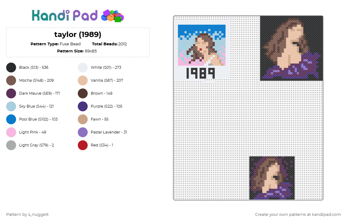 taylor (1989) - Fuse Bead Pattern by s_nuggett on Kandi Pad - tan,blue,light blue,pink,colorful
