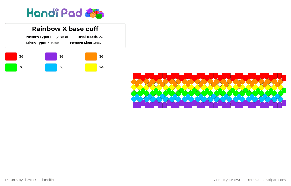 Rainbow X base cuff - Pony Bead Pattern by mikusgay_01 on Kandi Pad - purple,green,colorful,rainbow,xbase,x base,rainbow x base,cuff,kandi cuff,kandicuff