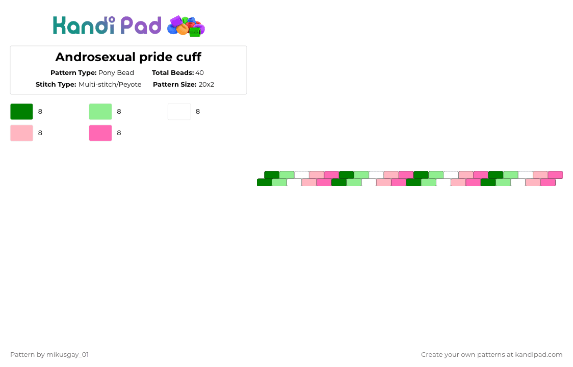 Androsexual pride cuff - Pony Bead Pattern by mikusgay_01 on Kandi Pad - pink,androsexual,pride,andro,lgbt,lgbtq,lgbtqia