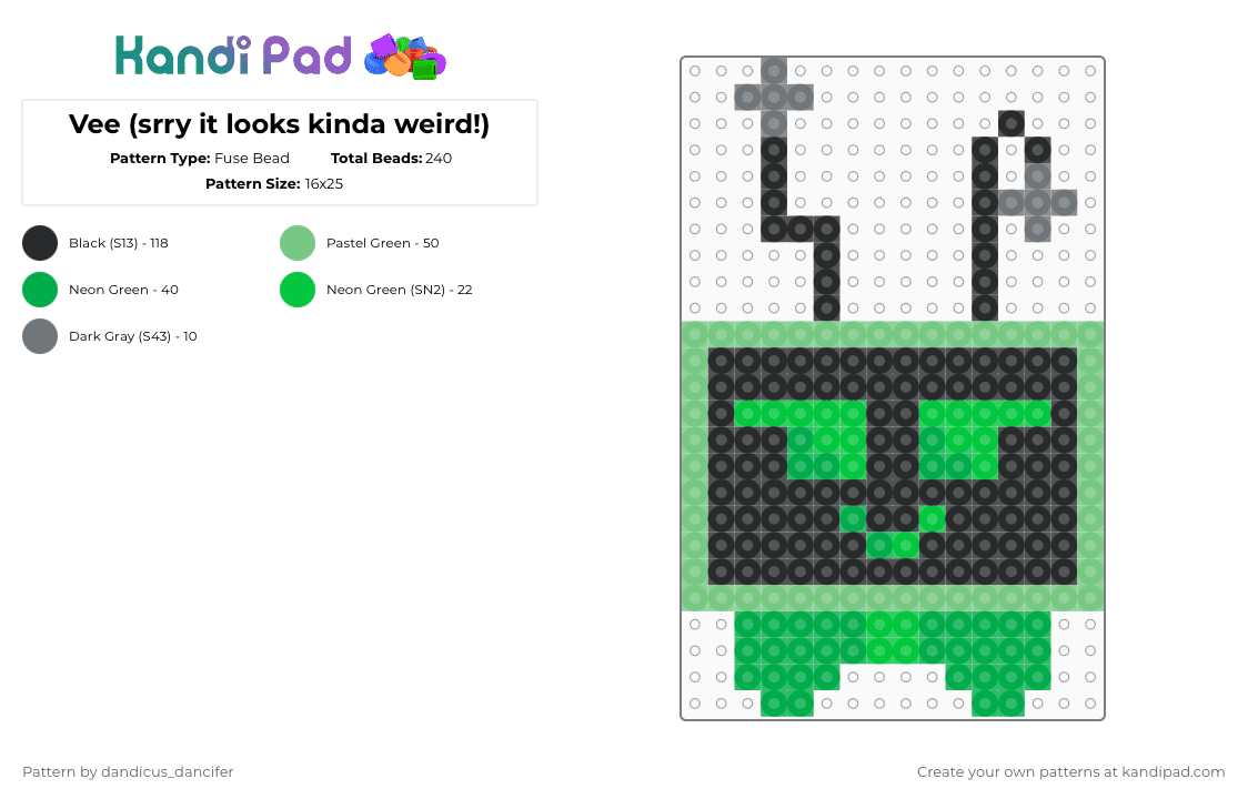 Vee (srry it looks kinda weird!) - Fuse Bead Pattern by mikusgay_01 on Kandi Pad - green,teal,vee,dw,dandys world,roblox,mains,shellvision