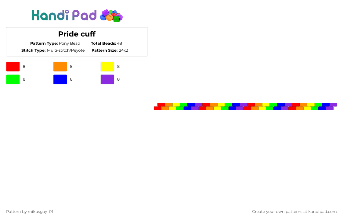 Pride cuff - Pony Bead Pattern by mikusgay_01 on Kandi Pad - purple,pride,lgbt,lgbtq,lgbtqia,rainbow
