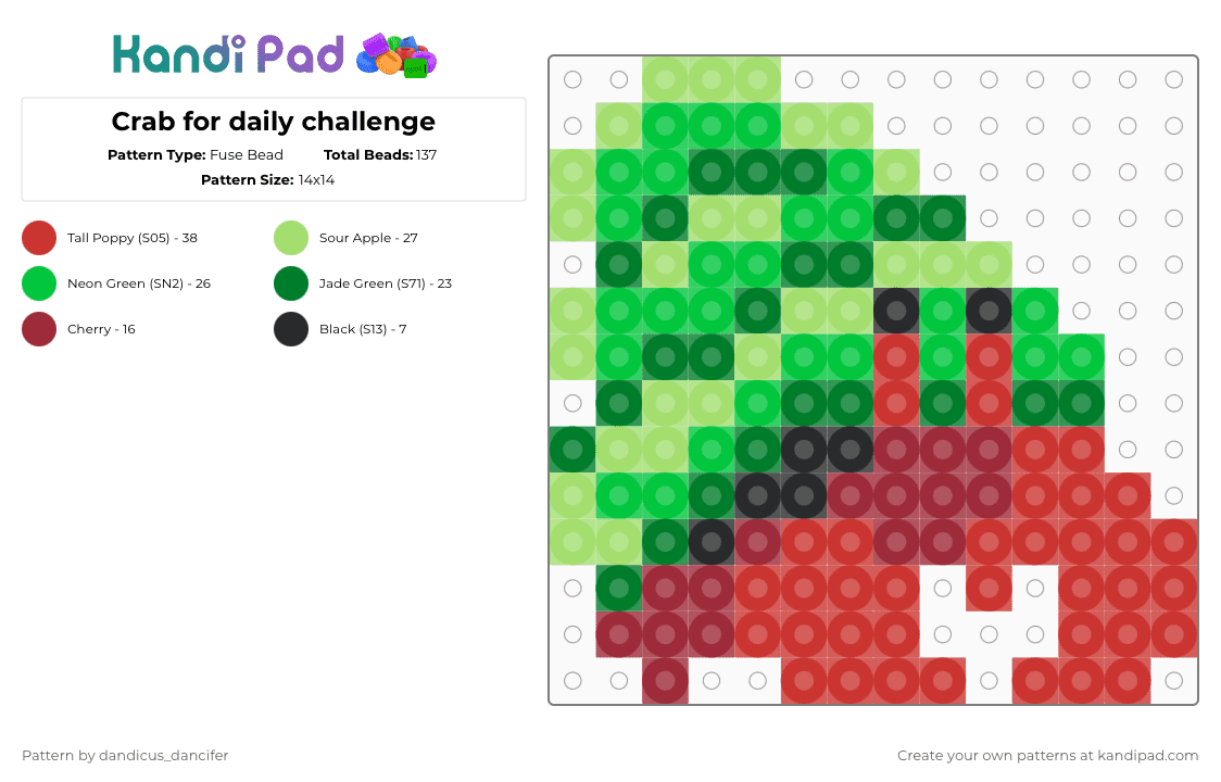 Crab for daily challenge - Fuse Bead Pattern by mikusgay_01 on Kandi Pad - green,red,cotdcrabs,crab,ocean,sea,chomp