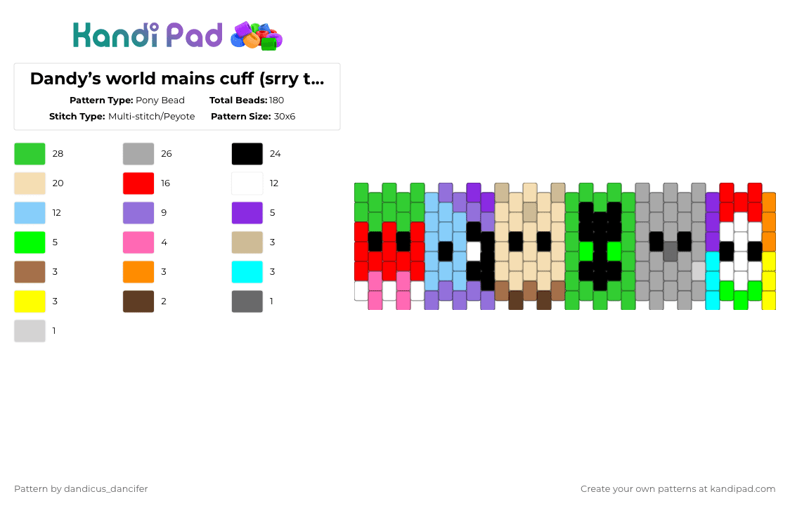 Dandy’s world mains cuff (srry they look so goofy lol) - Pony Bead Pattern by mikusgay_01 on Kandi Pad - green,light blue,beige,colorful,dandys world,mains,dandy,vee,shelly,astro,sprout,pebble