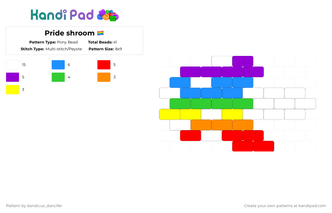 Pride shroom 🏳️‍🌈 - Pony Bead Pattern by mikusgay_01 on Kandi Pad - red,green,light blue,purple,pride,mushroom,charm,rainbow,shroom,rainbow pride