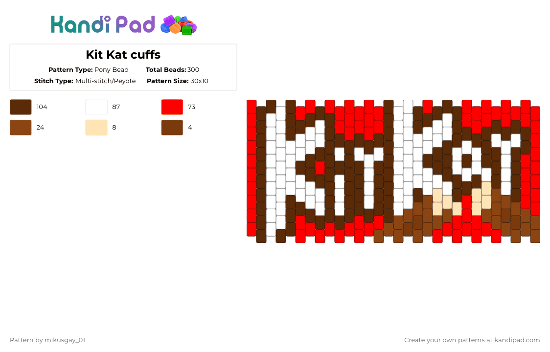 Kit Kat cuffs - Pony Bead Pattern by mikusgay_01 on Kandi Pad - brown,red