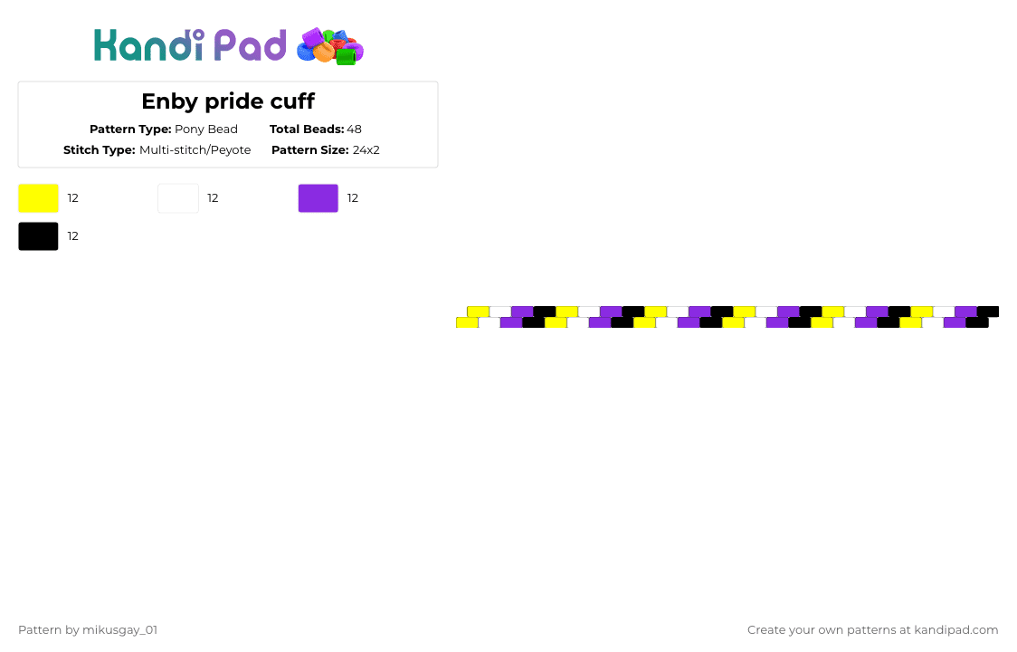 Enby pride cuff - Pony Bead Pattern by mikusgay_01 on Kandi Pad - yellow,purple,nonbinary,enby,pride,lgbt,lgbtq,lgbtqia