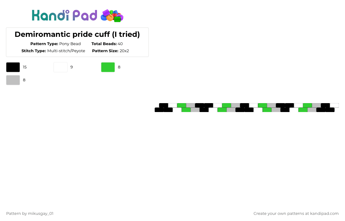 Demiromantic pride cuff (I tried) - Pony Bead Pattern by mikusgay_01 on Kandi Pad - green,beige,demiromantic,pride,lgbt,lgbtq,lgbtqia