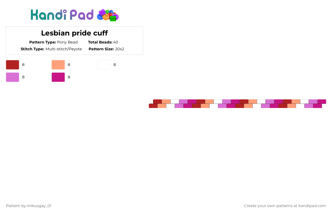Lesbian pride cuff - Pony Bead Pattern by mikusgay_01 on Kandi Pad - pink,lesbian,wlw,pride,lgbt,lgbtqia,lgbtq,lebron