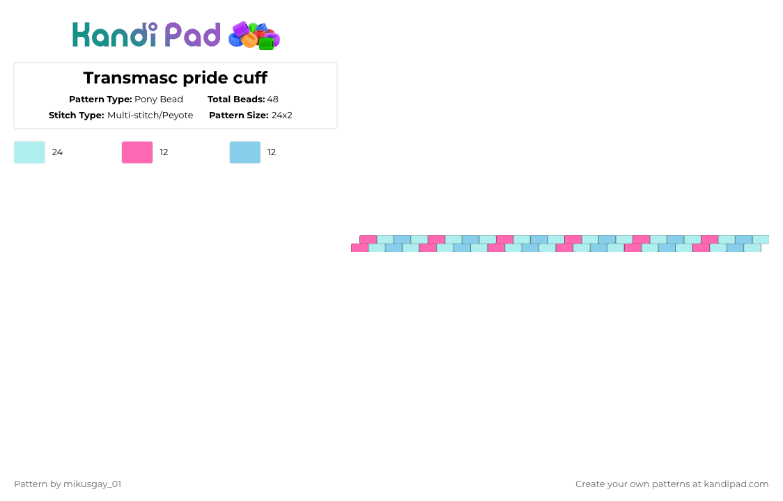 Transmasc pride cuff - Pony Bead Pattern by mikusgay_01 on Kandi Pad - light blue,trans,transmasc,pride,transgender,lgbt,lgbtqia,lgbtq,trans masculine