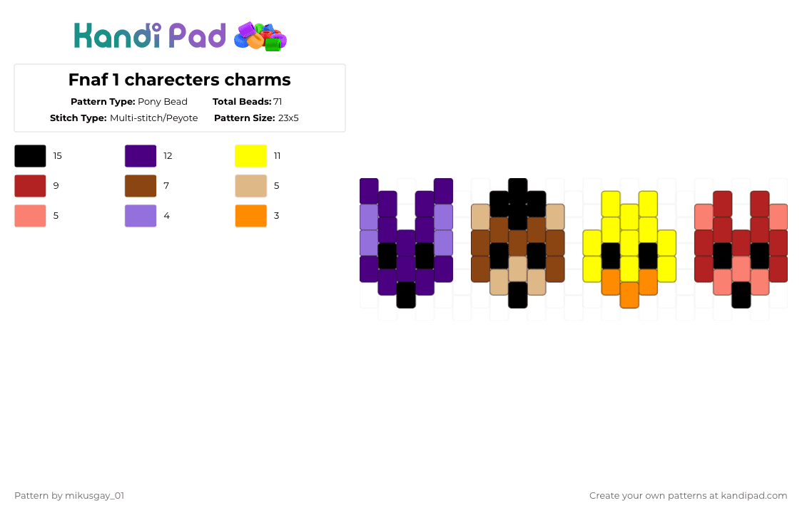 Fnaf 1 charecters charms - Pony Bead Pattern by mikusgay_01 on Kandi Pad - purple,red,yellow