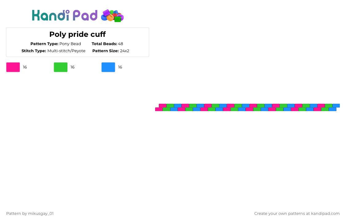 Poly pride cuff - Pony Bead Pattern by mikusgay_01 on Kandi Pad - pink,green,light blue,poly,polysexual,pride,lgbt,lgbtq,lgbtqia