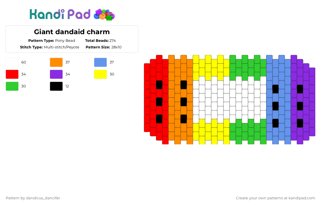 Giant dandaid charm - Pony Bead Pattern by mikusgay_01 on Kandi Pad - red,orange,light blue,purple,dandys world,bandaid,charm,dandaid,dw,rainbow,colorful