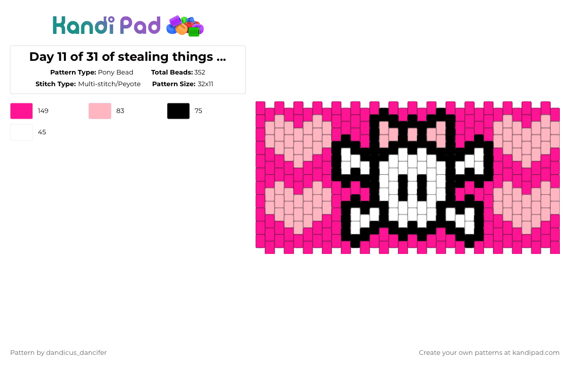 Day 11 of 31 of stealing things from kandipatterns: girlyskull - Pony Bead Pattern by mikusgay_01 on Kandi Pad - pink,skull,girly,kandipatterns,multistitch,preppy