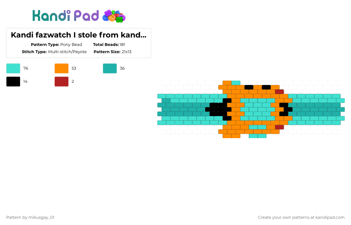 Kandi fazwatch I stole from kandipatterns - Pony Bead Pattern by mikusgay_01 on Kandi Pad - orange,light blue,fnaf,five nights at freddys,fazwatch,security breach,freddy