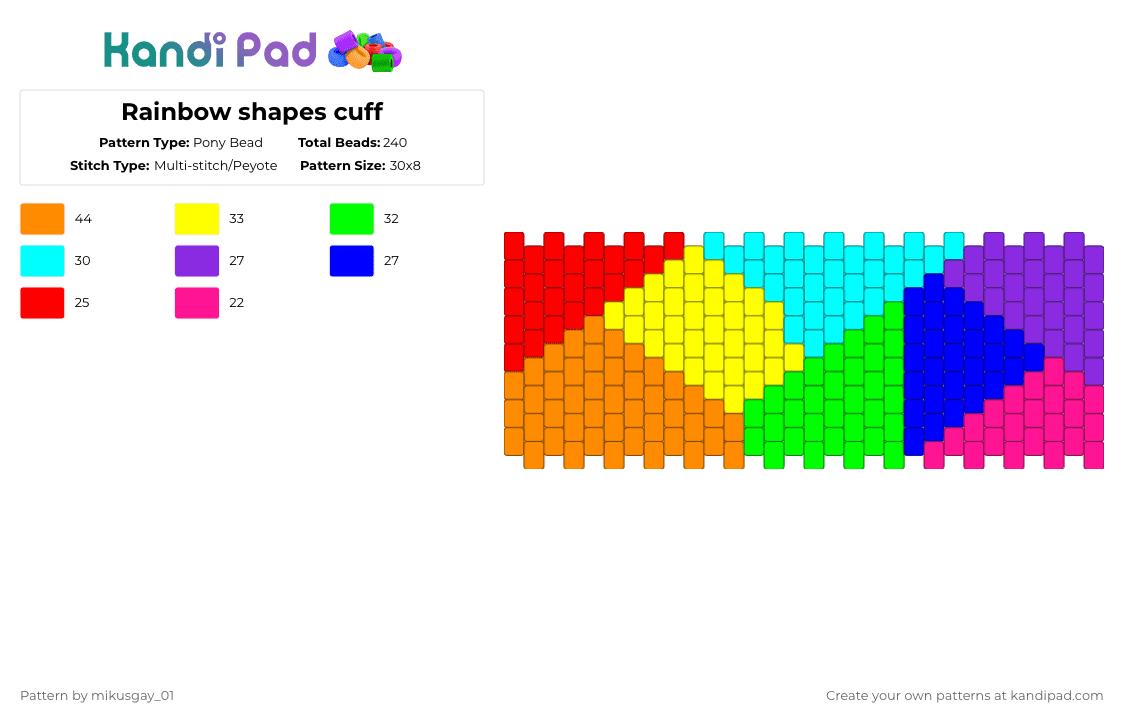 Rainbow shapes cuff - Pony Bead Pattern by mikusgay_01 on Kandi Pad - orange,yellow,green,purple
