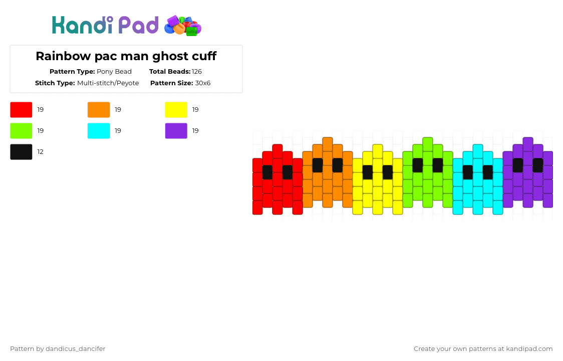 Rainbow pac man ghost cuff - Pony Bead Pattern by mikusgay_01 on Kandi Pad - orange,green,purple,colorful