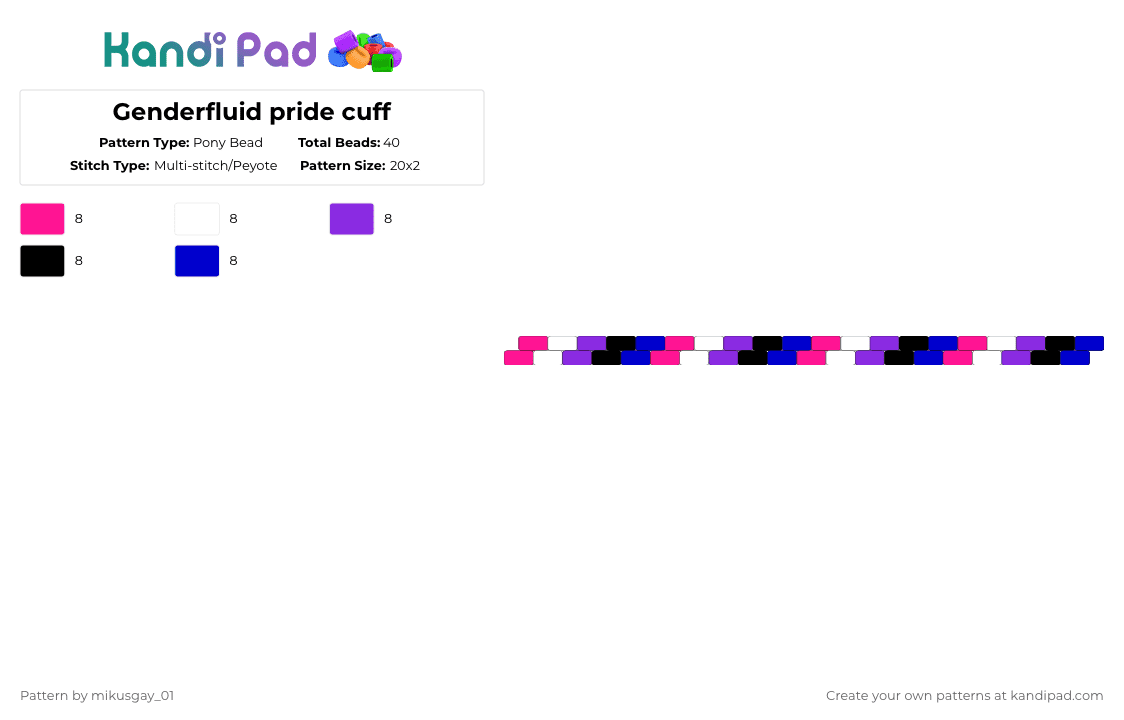 Genderfluid pride cuff - Pony Bead Pattern by mikusgay_01 on Kandi Pad - pink,purple,genderfluid,pride,lgbt,lgbtq,lgbtqia