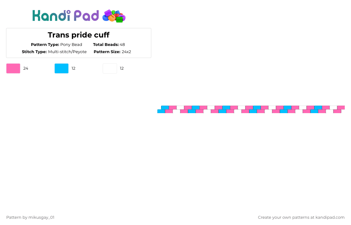 Trans pride cuff - Pony Bead Pattern by mikusgay_01 on Kandi Pad - light blue,pink,trans,transgender,pride,lgbt,lgbtq,lgbtqia
