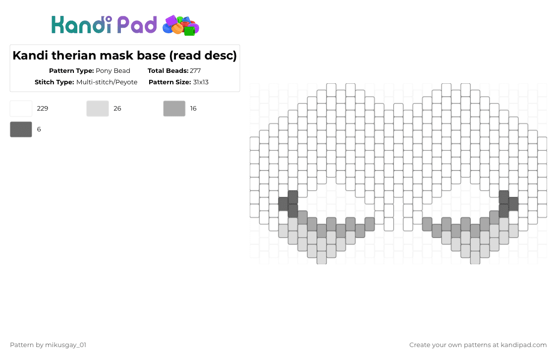 Kandi therian mask base (read desc) - Pony Bead Pattern by mikusgay_01 on Kandi Pad - white,gray,beige