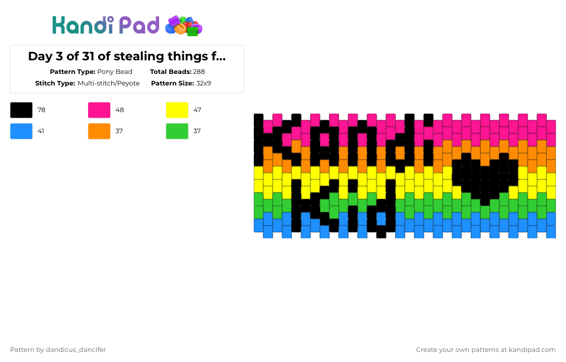 Day 3 of 31 of stealing things from kandipatterns: Kandi kid - Pony Bead Pattern by mikusgay_01 on Kandi Pad - pink,yellow,light blue