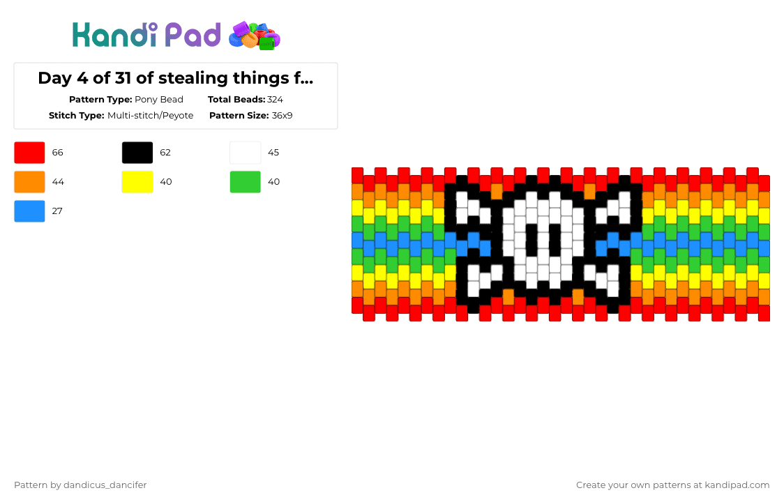 Day 4 of 31 of stealing things from kandipatterns: rainbow skull Multistitch stitch cuff - Pony Bead Pattern by mikusgay_01 on Kandi Pad - red,orange,kandipatterns,multistitch,rainbow,colorful,skull