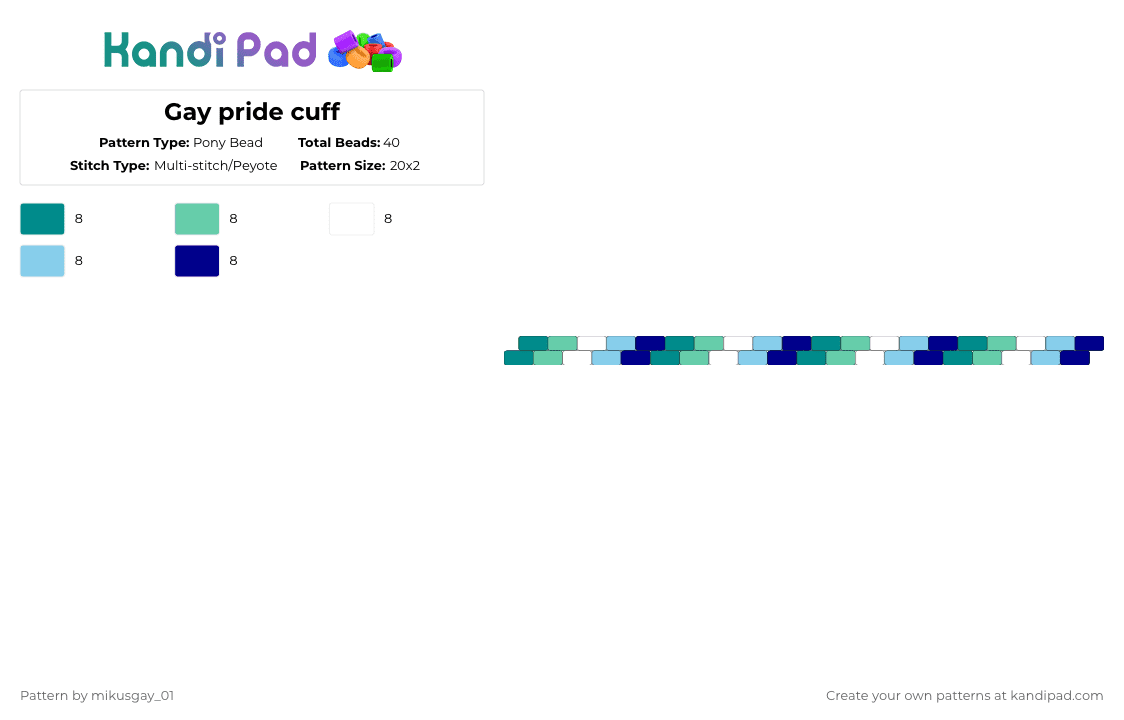 Gay pride cuff - Pony Bead Pattern by mikusgay_01 on Kandi Pad - teal,gay,pride,mlm,lgbt,lgbtqia,lgbtq