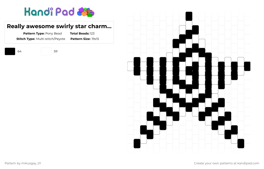 Really awesome swirly star charm 🍥✨ - Pony Bead Pattern by mikusgay_01 on Kandi Pad - white,black