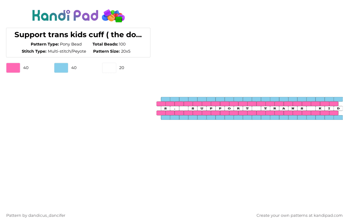 Support trans kids cuff ( the dot is a heart) - Pony Bead Pattern by mikusgay_01 on Kandi Pad - pink,light blue,trans,pride,transgender,peyote,lgbt,lgbtqia,lgbtq,support trans kids